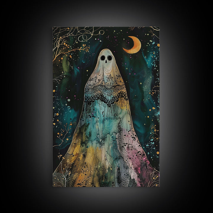 Cottage Core Ghost Decor, Cottagecore Halloween Art Framed Canvas Print, Unique Wall Art, Spooky Season Decor