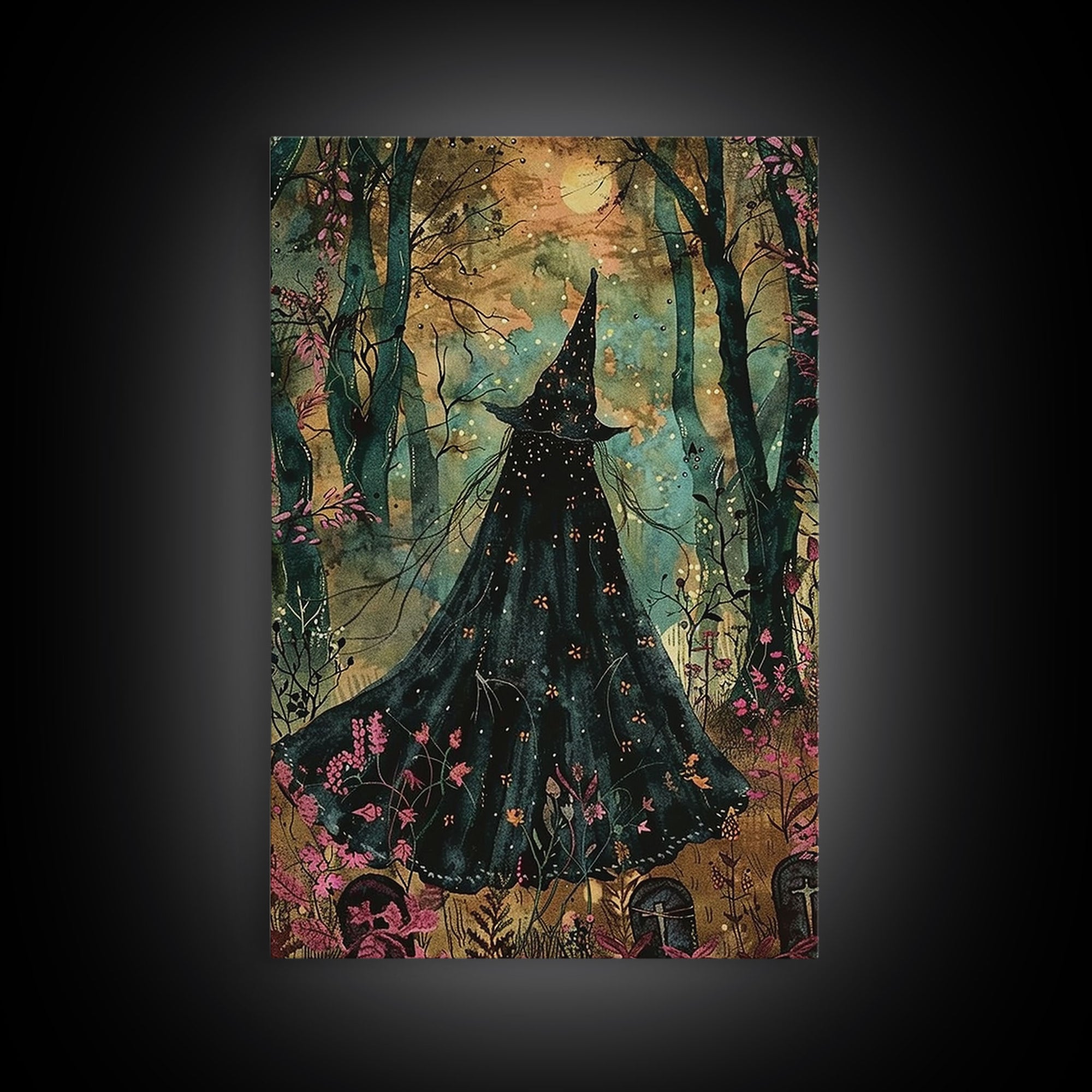 Halloween Witch in Dark Forest, Framed Canvas Print, Wall Art, Living Room Decor, Spooky, Witch Art, Original Painting, Home Decor