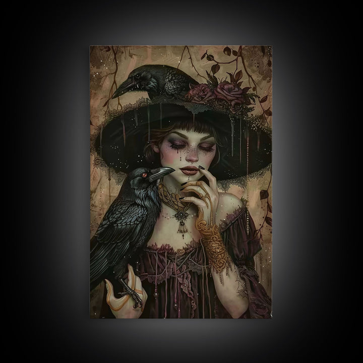Cottage Core Witch With Raven Framed Canvas Print, Halloween Wall Decor / Wall Art, Spooky Witch, Spooky Month Gift Idea