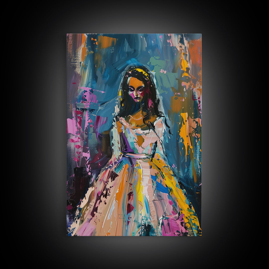 Halloween Bride with Colorful Dress, Framed Canvas Print, Wall Art, Living Room Decor, Spooky, Bride Art, Original Painting, Home Decor