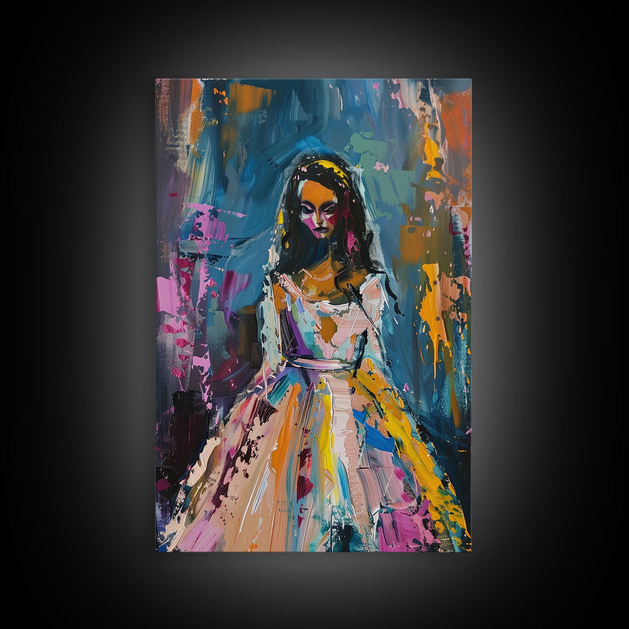 Halloween Bride with Colorful Dress, Framed Canvas Print, Wall Art, Living Room Decor, Spooky, Bride Art, Original Painting, Home Decor