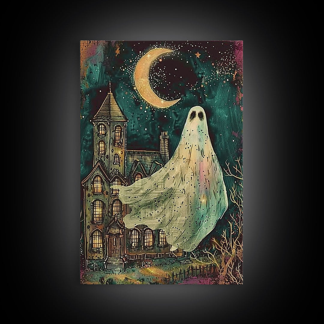Halloween Ghost with Colorful Background, Framed Canvas Print, Wall Art, Spooky Decor, Halloween Decoration, Living Room Art, Unique Gift