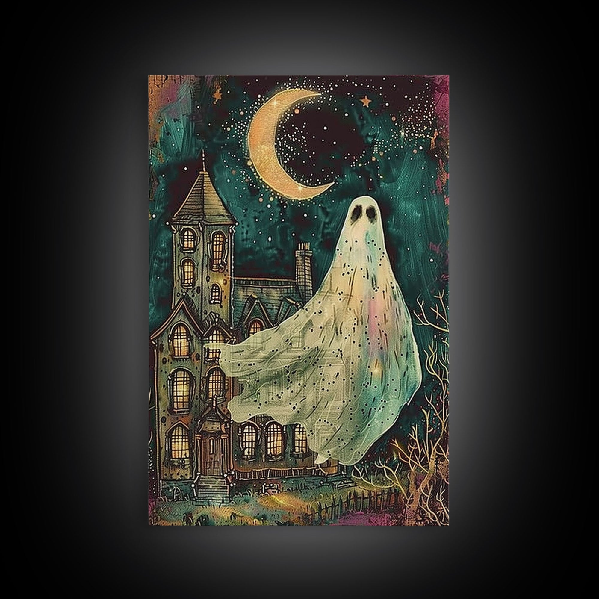 Halloween Ghost with Colorful Background, Framed Canvas Print, Wall Art, Spooky Decor, Halloween Decoration, Living Room Art, Unique Gift