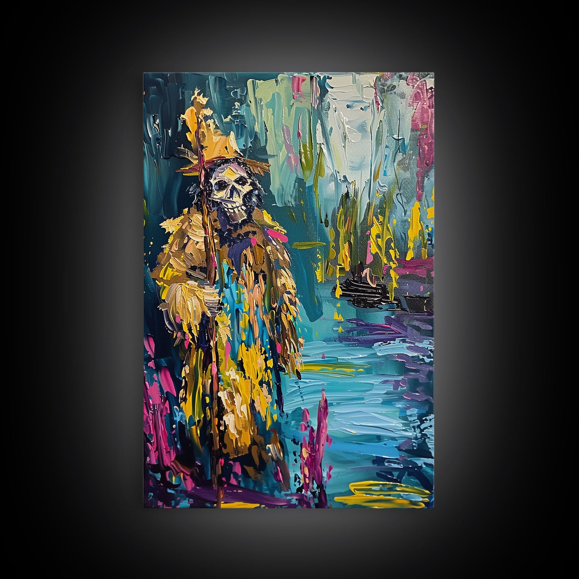 Halloween Skeleton Wizard, Framed Canvas Print, Wall Art, Home Decor, Spooky Artwork, Witchcraft Decor, Fantasy Art, Holiday Decor
