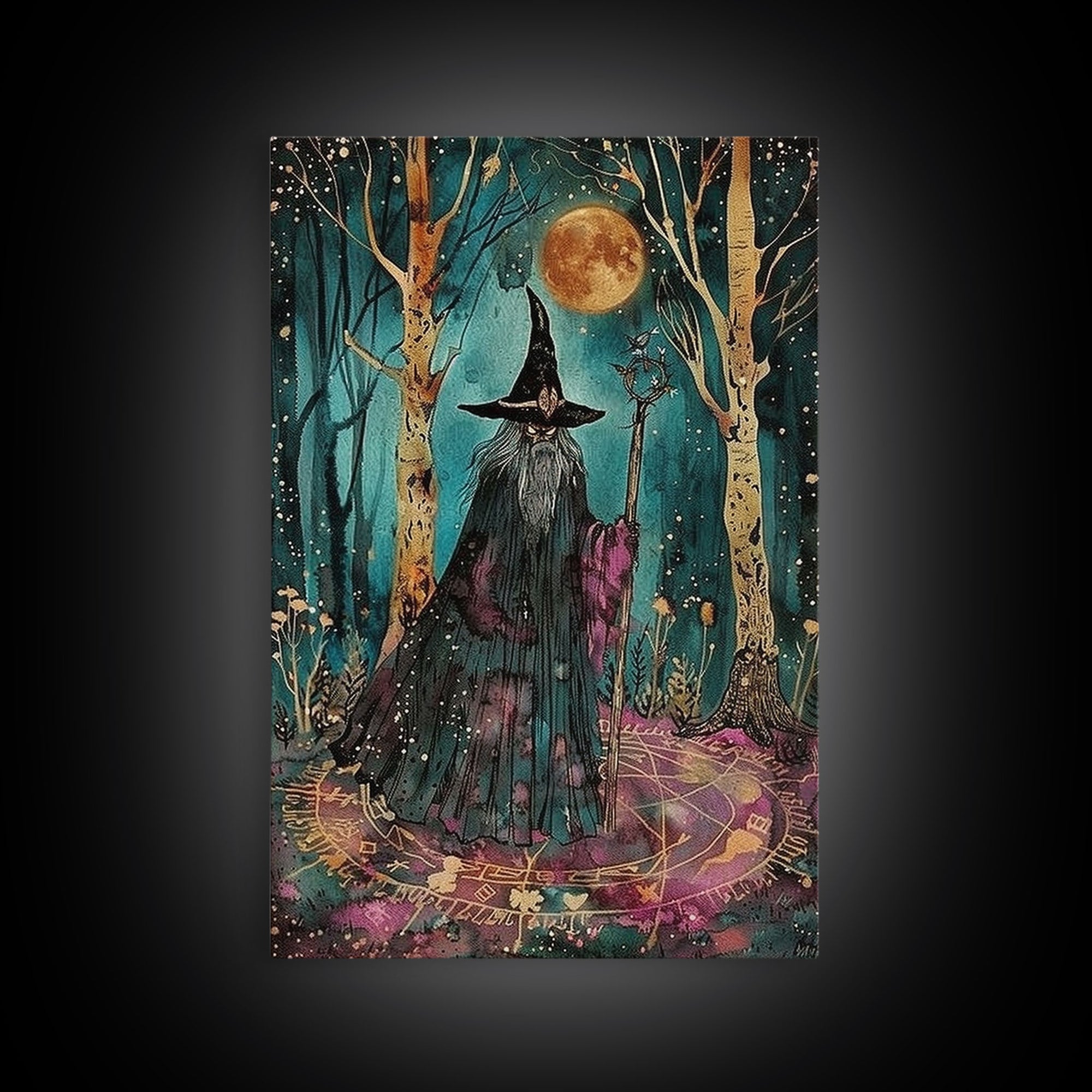 Halloween Wizard in Forest, Framed Canvas Print, Wall Art, Home Decor, Spooky Artwork, Magic Decor, Halloween Decor Painting, Holiday Decor