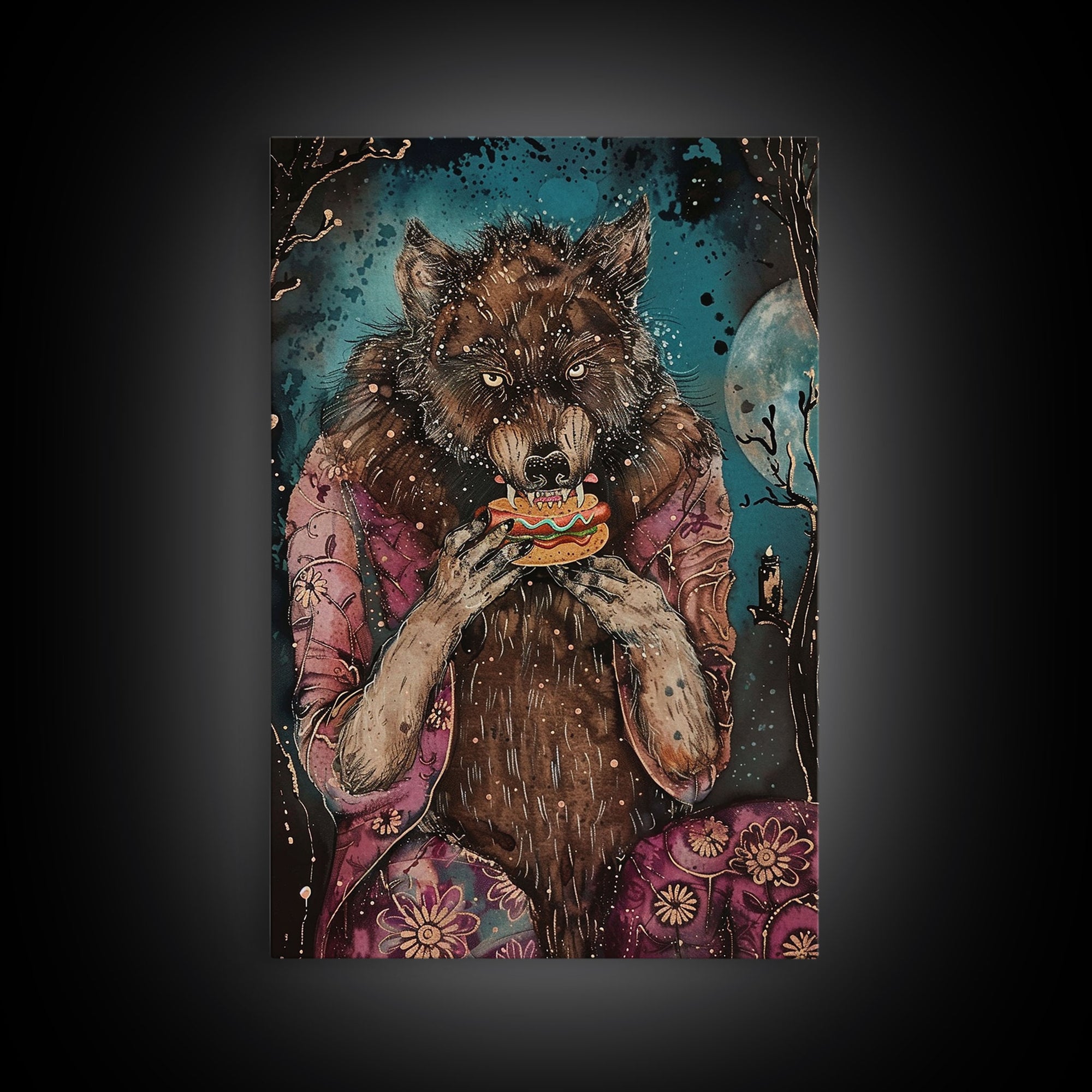 Halloween Werewolf Enjoying Hotdog, Framed Canvas Print, Wall Art, Home Decor, Spooky Artwork, Fantasy Decor, Halloween Decor, Holiday Gift