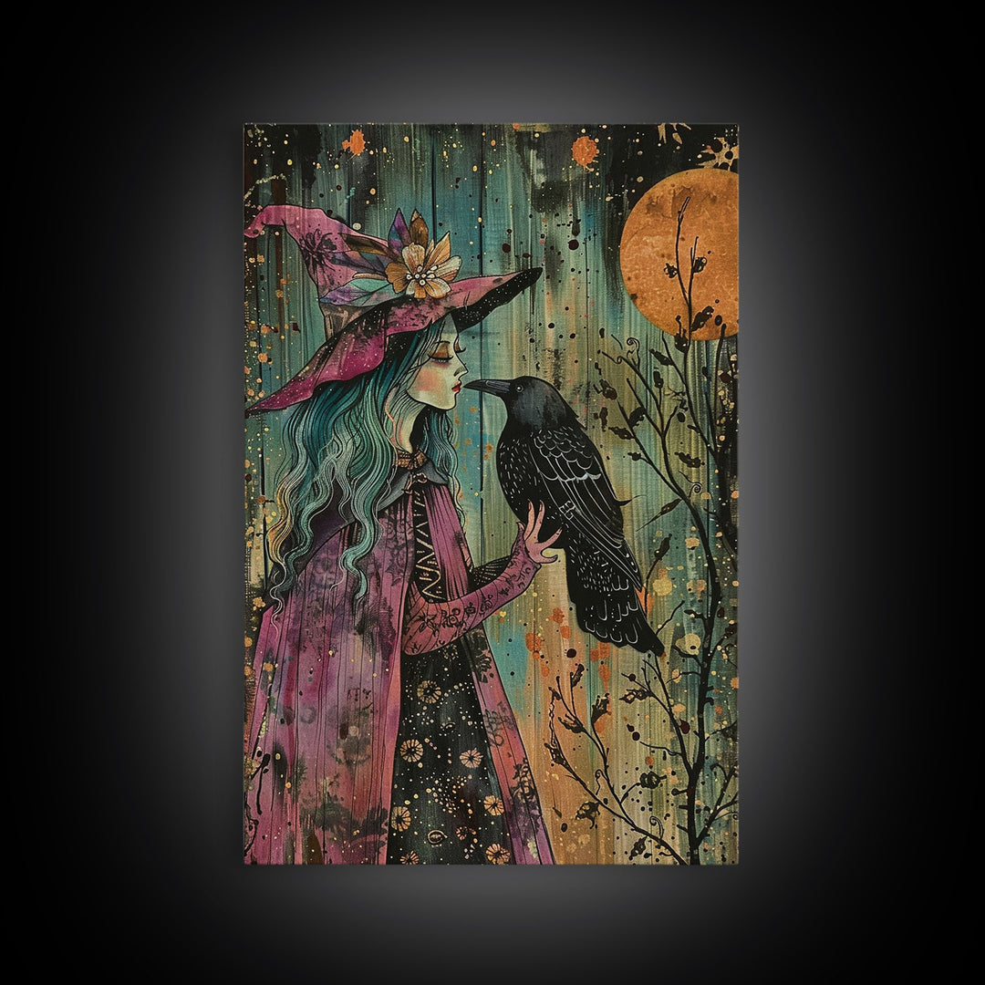 Cottage Core Witch With Raven Framed Canvas Print, Halloween Wall Decor / Wall Art, Spooky Witch, Home Decor For Witches, Scary Art