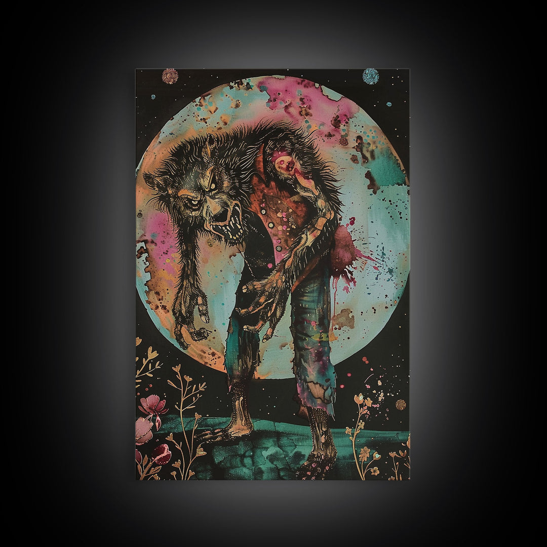 Halloween Werewolf Transformation, Framed Canvas Print, Wall Art, Home Decor, Spooky Artwork, Monster Decor, Halloween Decor, Fantasy Art
