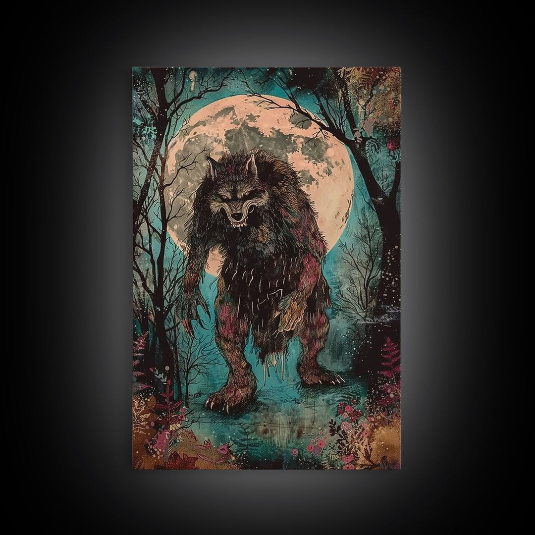 Halloween Horror Full Moon Werewolf Framed Canvas Print, Wall Art, Living Room Decor, Halloween Decor, Spooky Wall Hanging, Haunted House