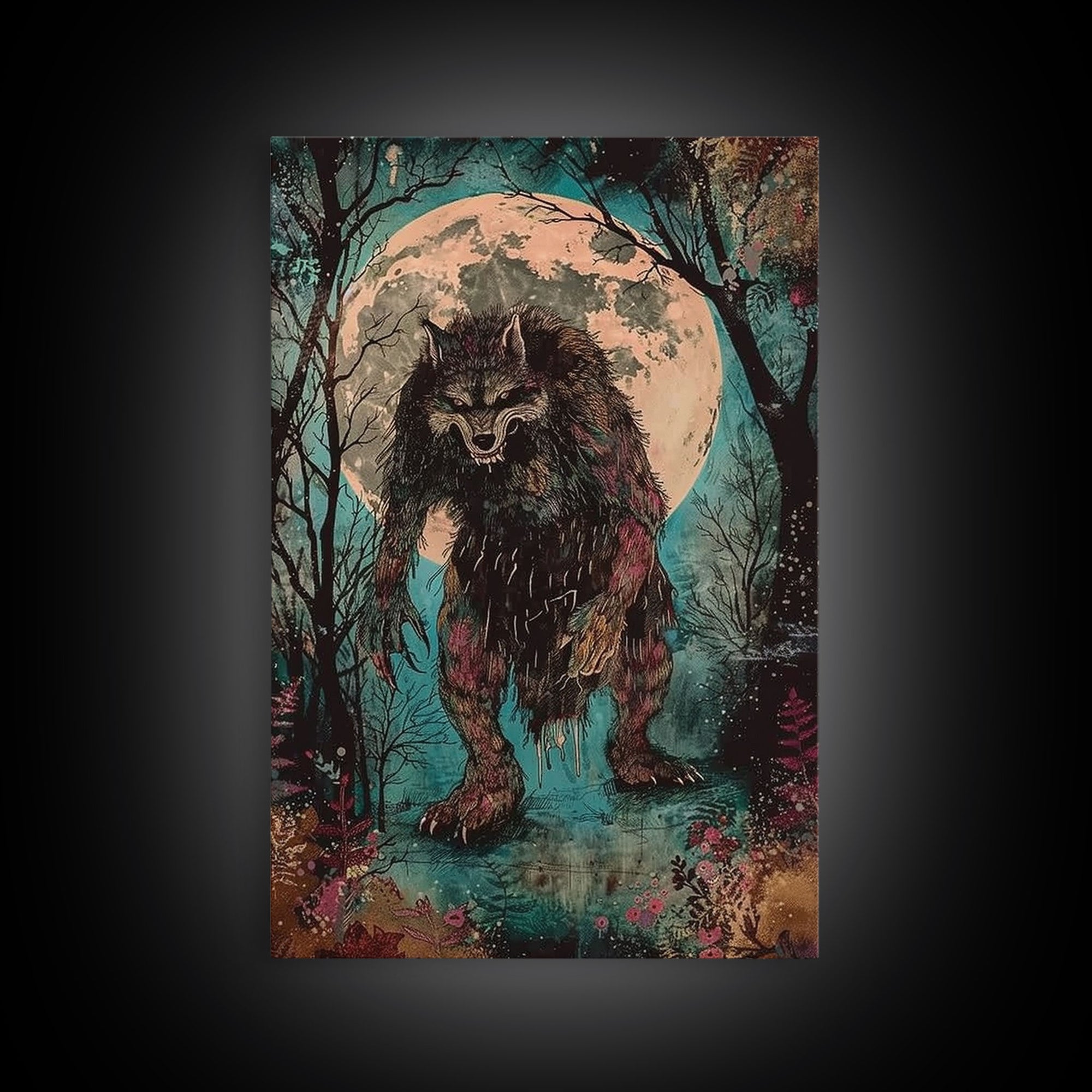 Halloween Horror Full Moon Werewolf Framed Canvas Print, Wall Art, Living Room Decor, Halloween Decor, Spooky Wall Hanging, Haunted House