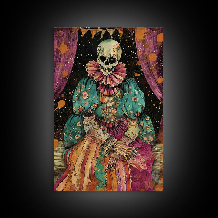 Creepy Skeleton Clown Framed Canvas Print, Cottagecore Halloween Mashup, Spooky Vibes Halloween Decor