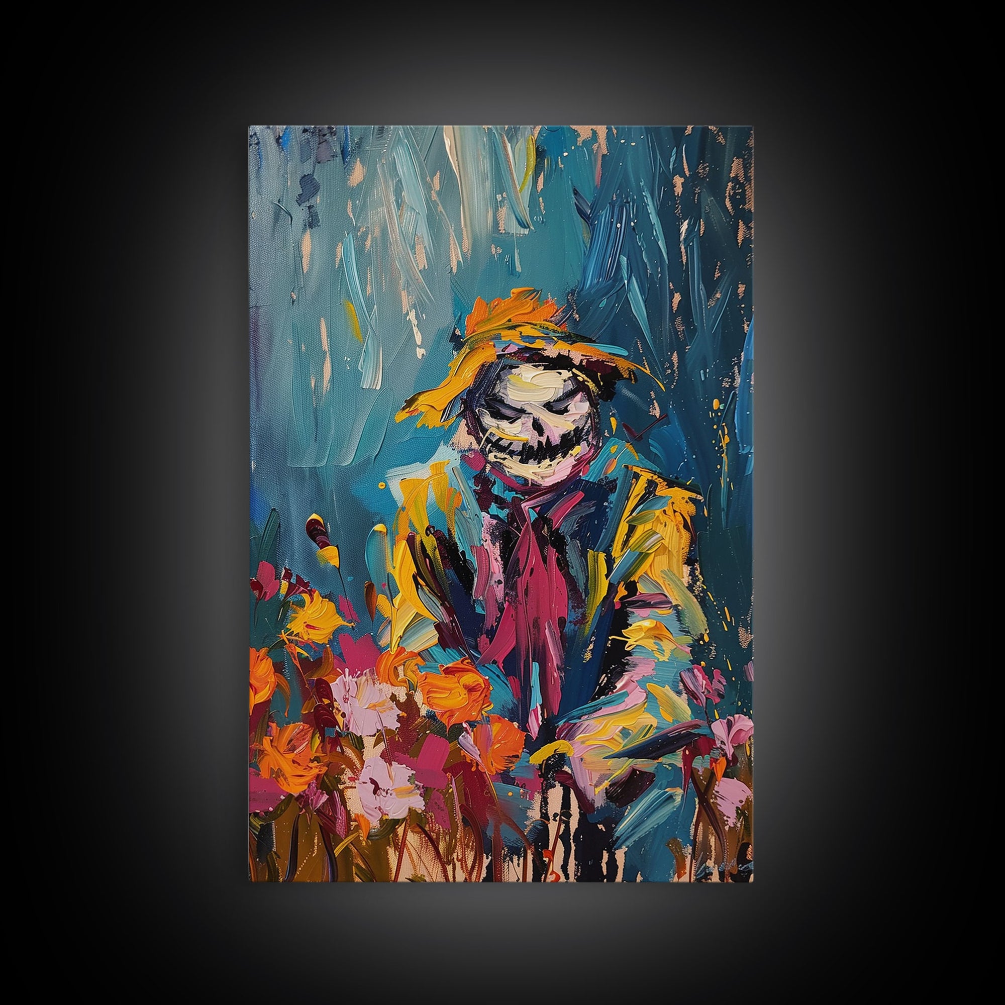 Colorful Scarecrow in Flower Field Framed Canvas Print | Halloween Art | Whimsical Spooky Art | Playful Scarecrow Art for Home Decor