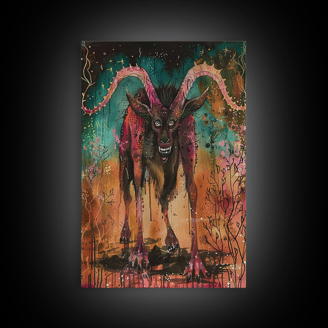 Spooky Goat Demon in the Woods Framed Canvas Print, Halloween Art, Creepy Wall Art Spooky Home Decor, Scary Art Mysterious Living Room Decor
