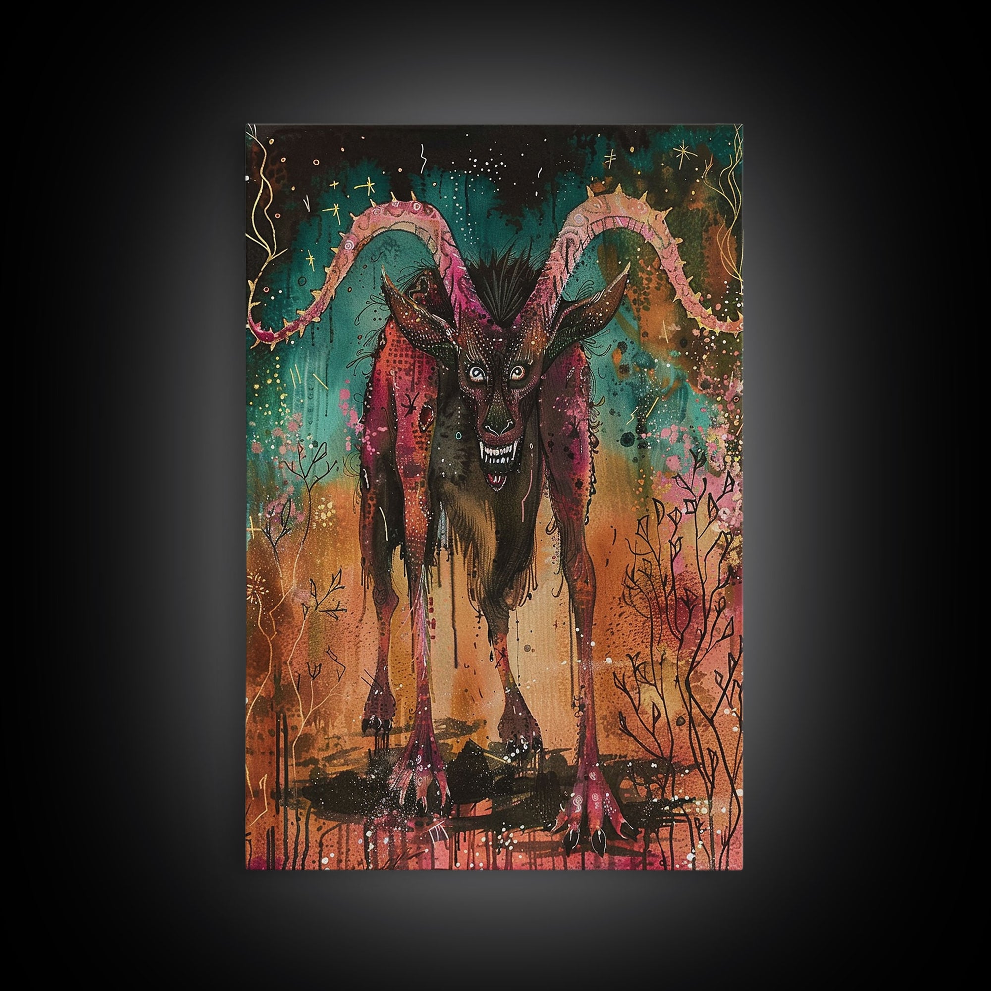 Spooky Goat Demon in the Woods Framed Canvas Print, Halloween Art, Creepy Wall Art Spooky Home Decor, Scary Art Mysterious Living Room Decor
