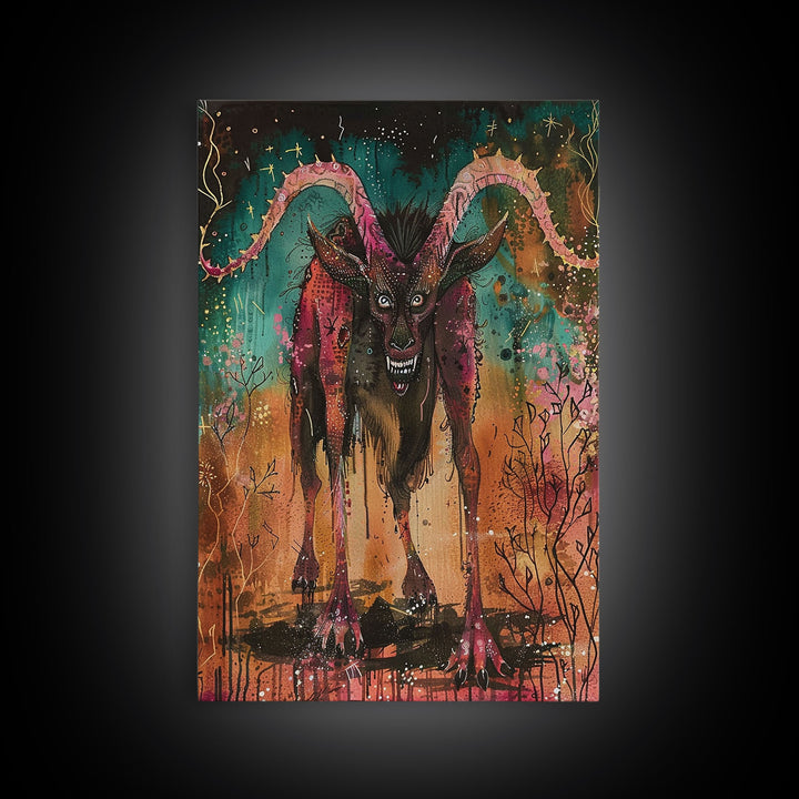 Spooky Goat Demon in the Woods Framed Canvas Print, Halloween Art, Creepy Wall Art Spooky Home Decor, Scary Art Mysterious Living Room Decor
