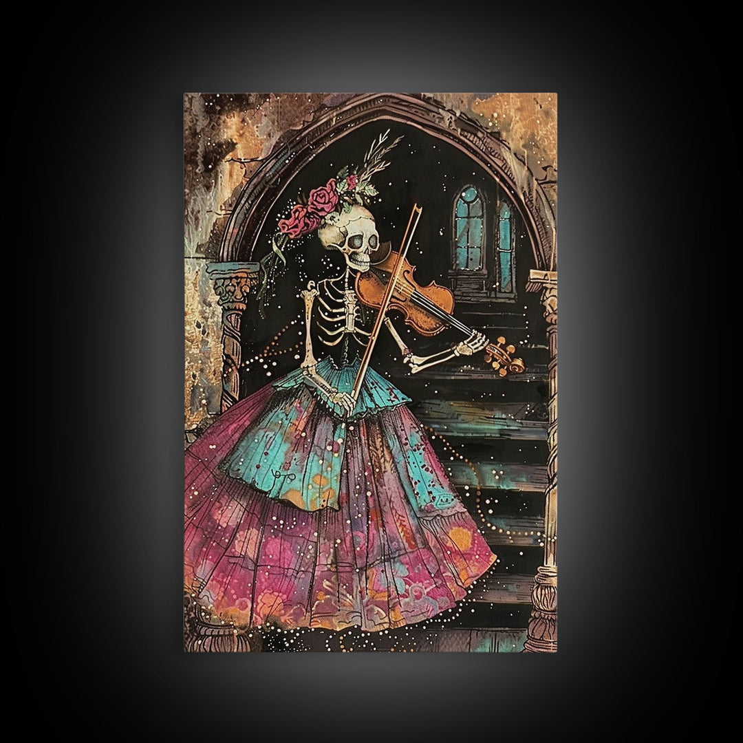 Elegant Skeleton Violinist in Gown Framed Canvas Print, Halloween Art, Creepy Wall Art, Spooky Home Decor, Art, Vintage Living Room Decor