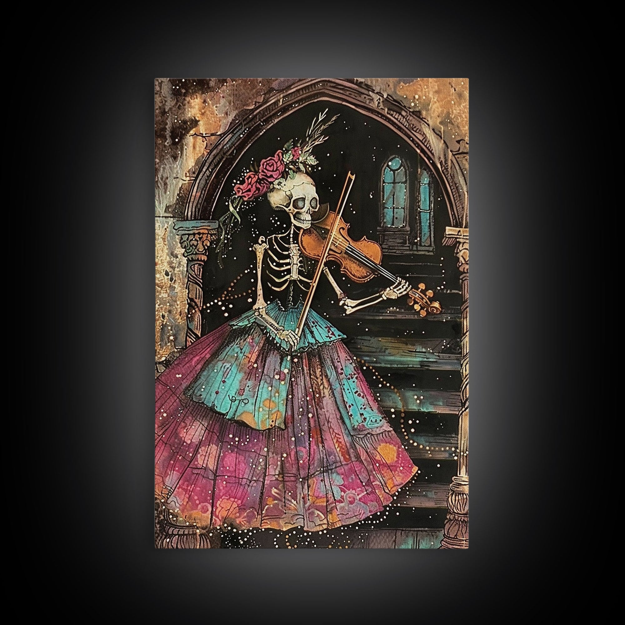 Elegant Skeleton Violinist in Gown Framed Canvas Print, Halloween Art, Creepy Wall Art, Spooky Home Decor, Art, Vintage Living Room Decor