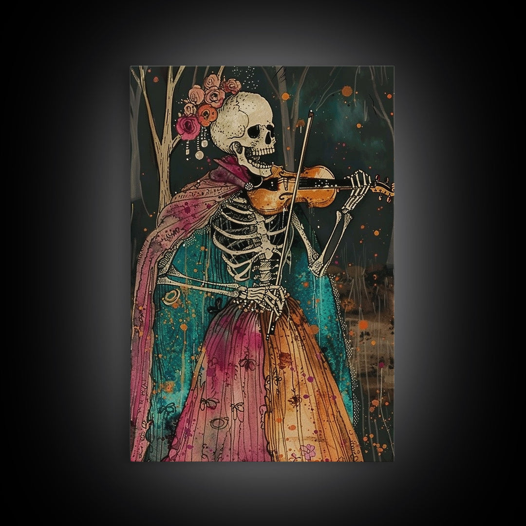 Day of the Dead Skeleton Playing Violin - Colorful Skeleton Art - Dia de los Muertos Inspired Print - Halloween Skeleton Decor