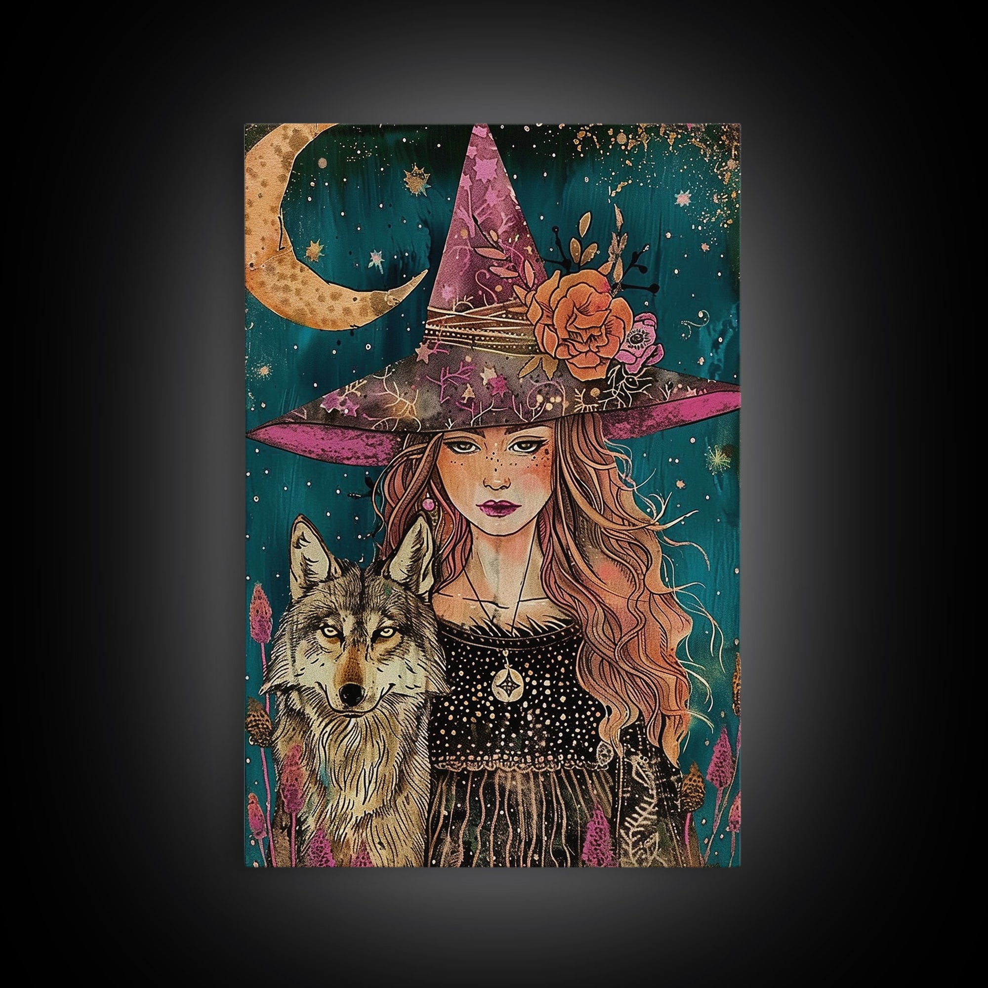 Cottage Core Witch Portrait Framed Canvas Print, Witch Art, Witch and Wolf Familiar, Colorful Springtime Witch Art