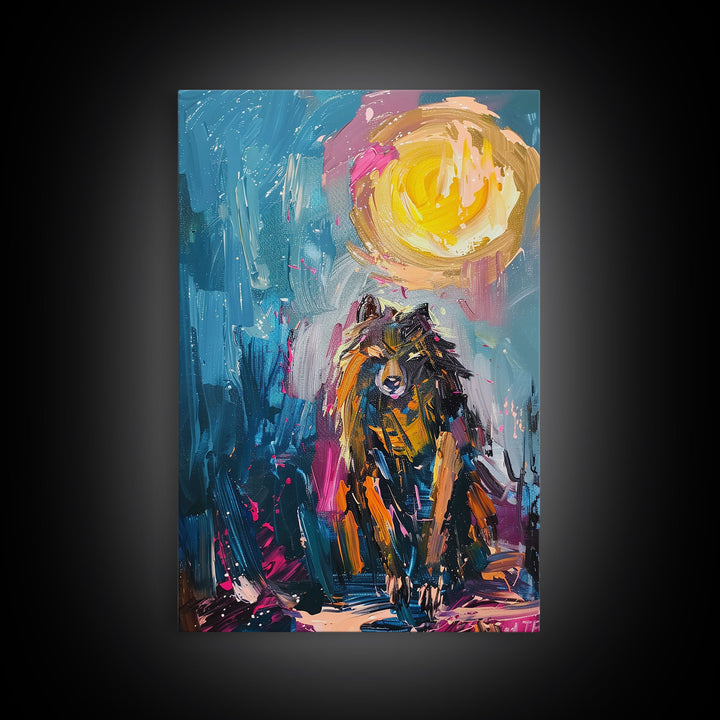 Halloween Art of a Werewolf in a Dress Eating Pizza Under the Moonlight, Perfect for Adding a Playful Touch to Spooky Decor