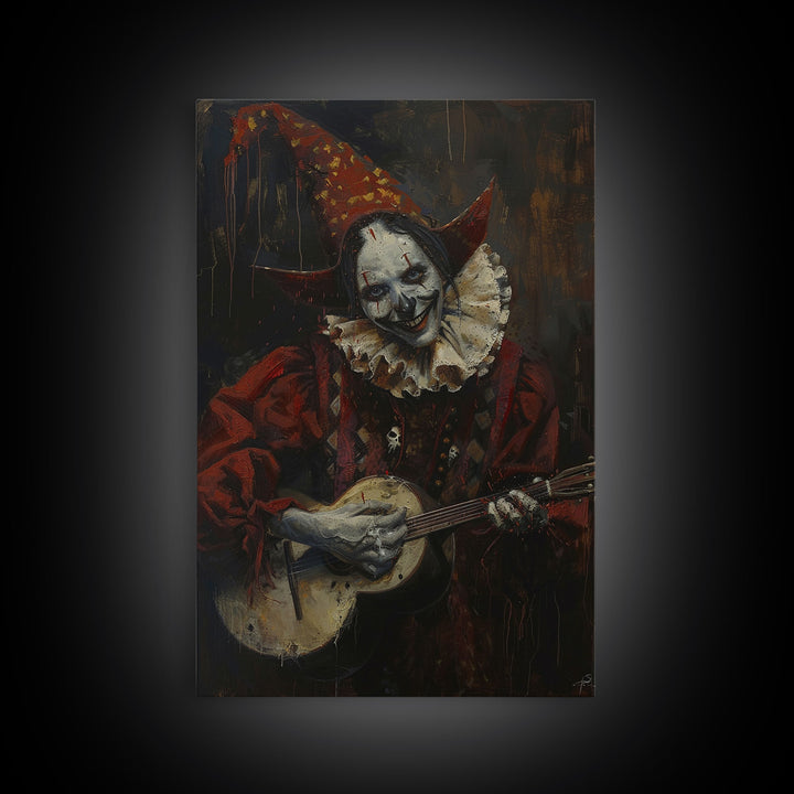 Creepy Clown Playing Guitar, Framed Canvas Print, Spooky Circus Art, Halloween Wall Decor, Horror Clown Illustration, Creepy Home Decor