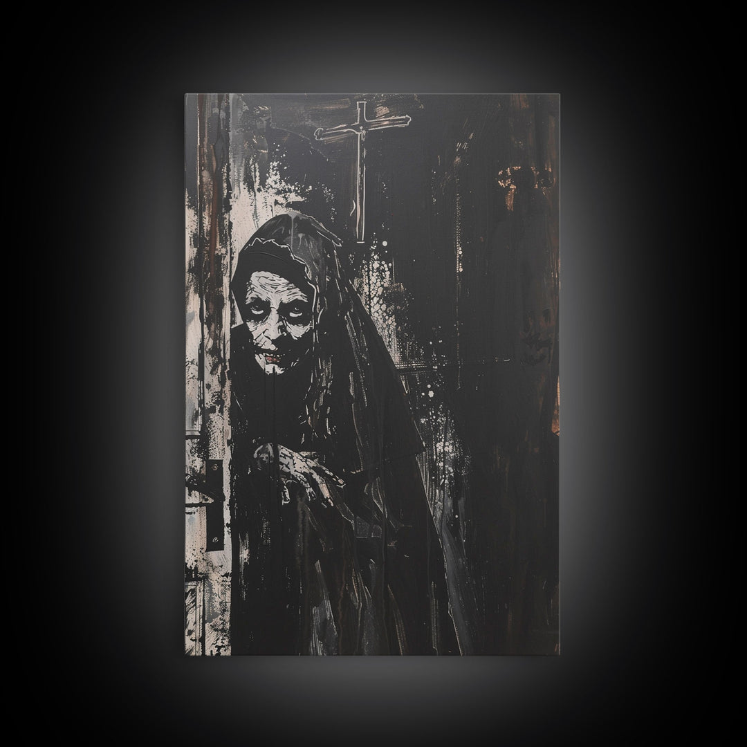 Haunted Nun with Eerie Expression, Framed Canvas Print, Gothic Halloween Art, Spooky Religious Decor, Scary Nun Painting, Gothic Home Art