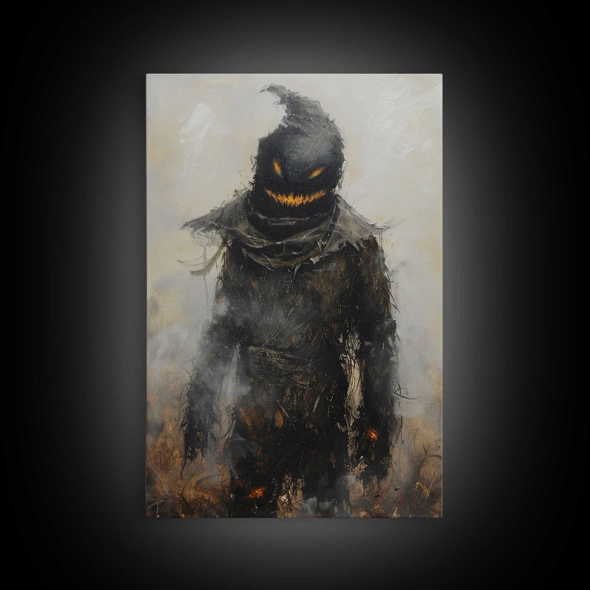Scarecrow with Glowing Eyes in Dark Field, Framed Canvas Print, Halloween Scarecrow Art, Spooky Farm Decor, Creepy Harvest Illustration