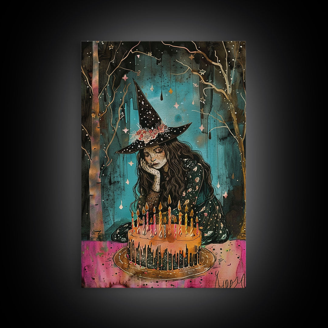 The Sad Birthday Witch, Witch With Birthday Cake Framed Canvas Print, Melancholy, Halloween Decor, Witchy Art, Cottagecore Decor