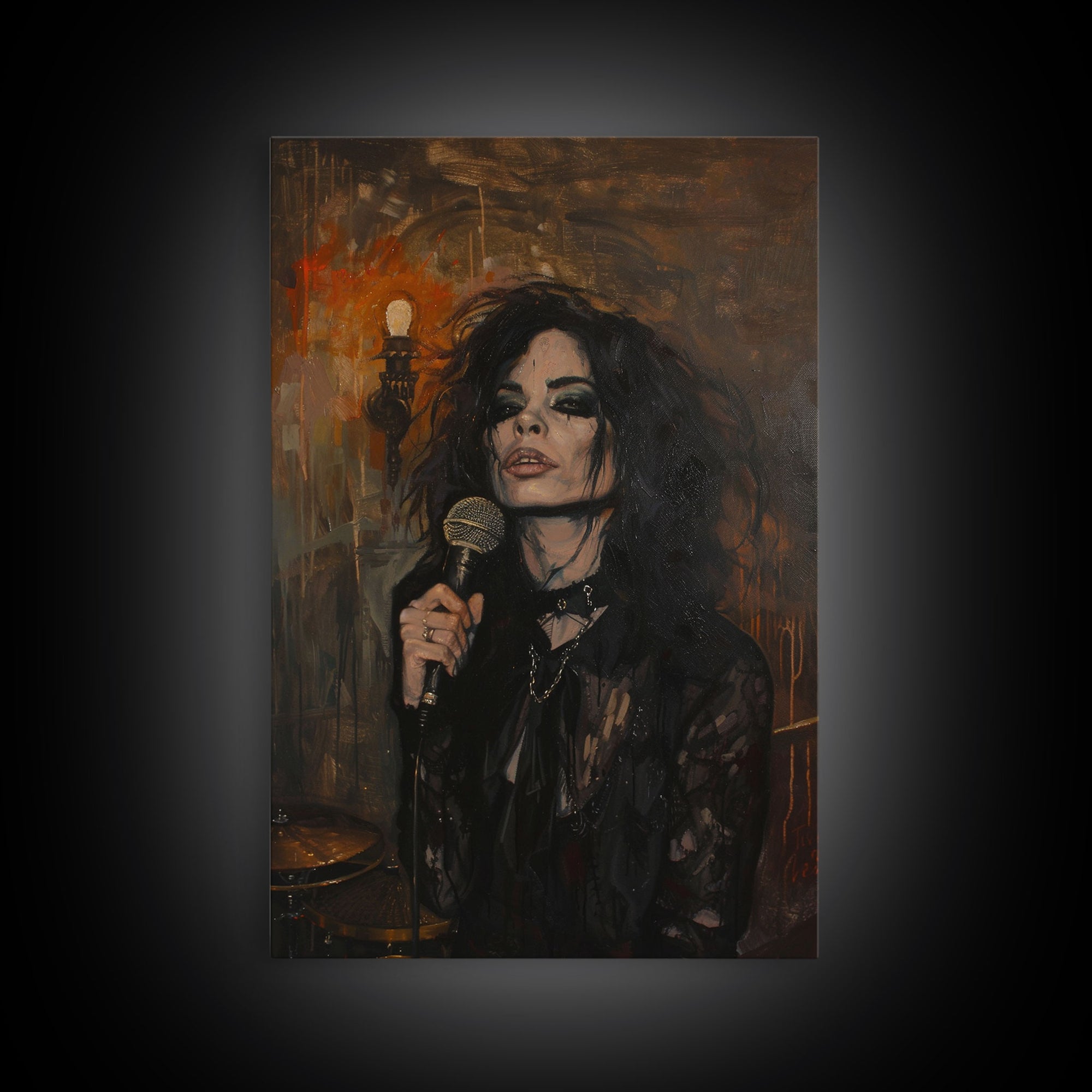 Gothic Singer with Dark Makeup - Halloween Art, Gothic Art, Spooky Decor Haunted Concert Dark Music Art, Eerie Portrait, Framed Canvas Print