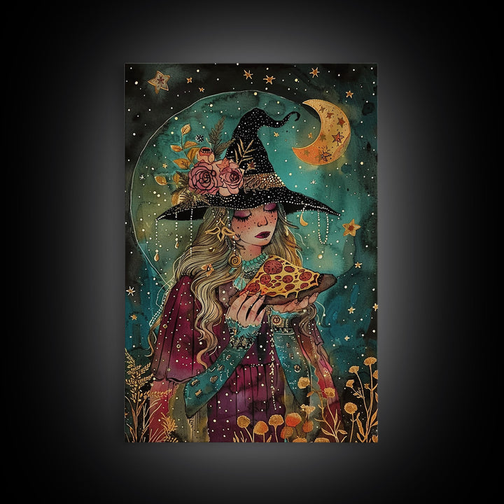 Summer Witch and Her Slice Of Pizza, Framed Canvas Print, Cute / Funny Halloween Art