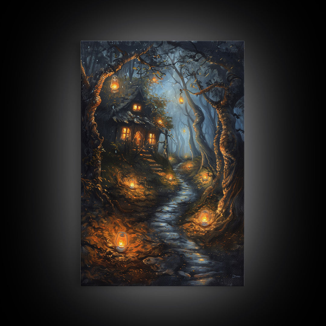 Spooky Cottage in Forest, Halloween Art, Spooky Wall Decor, Framed Canvas Print, Creepy Art, Halloween Wall Decor, Seasonal Wall Art