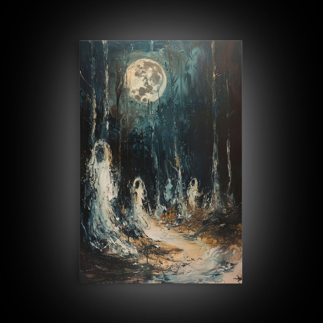 Ghostly Figures in Forest, Halloween Art Print, Spooky Home Decor, Framed Canvas Print, Creepy Art, Halloween Wall Decor, Seasonal Wall Art