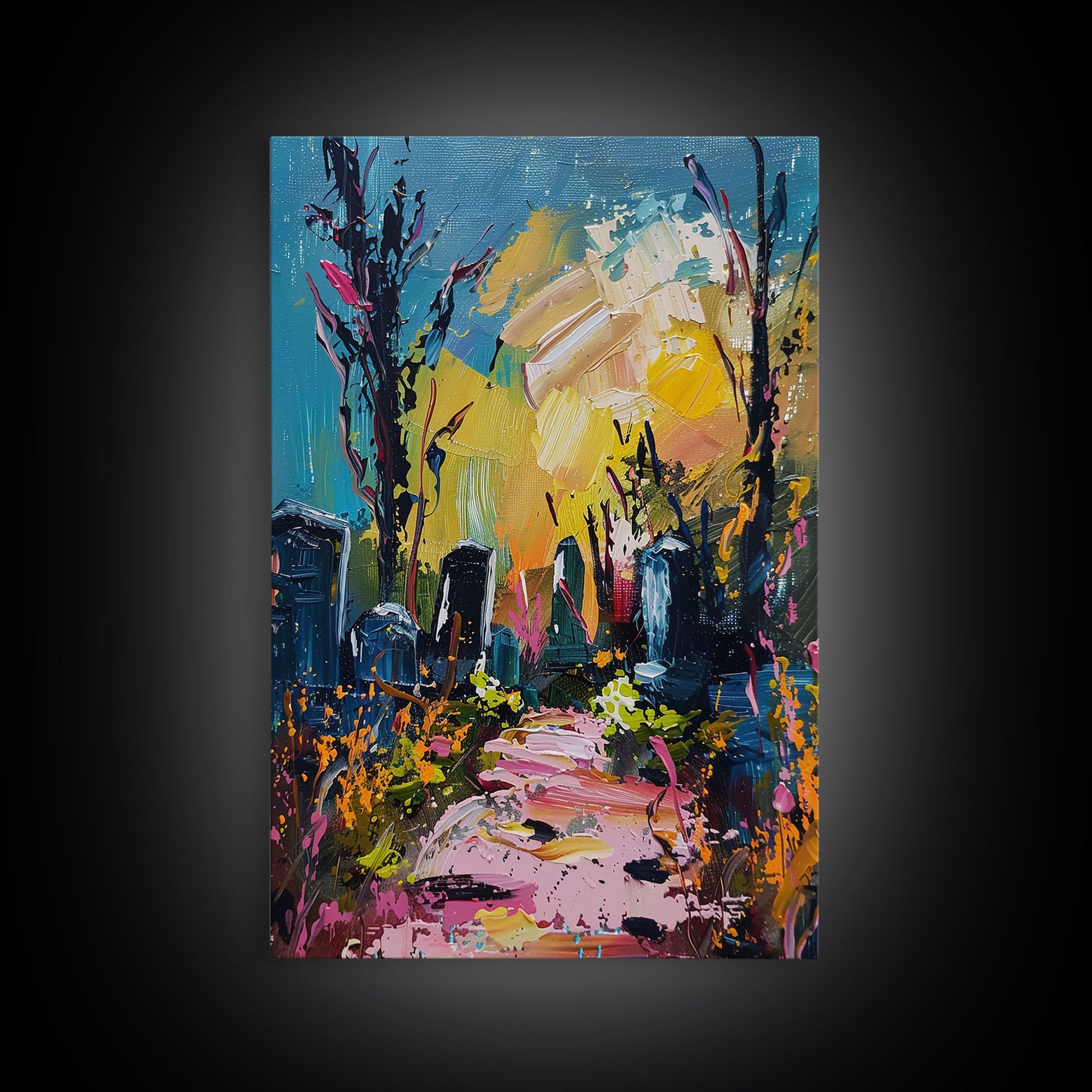 Colorful Haunted Cemetary, Springtime Halloween Mashup, Spooky Season Vibes, Framed Canvas Print, Haunted Graveyard