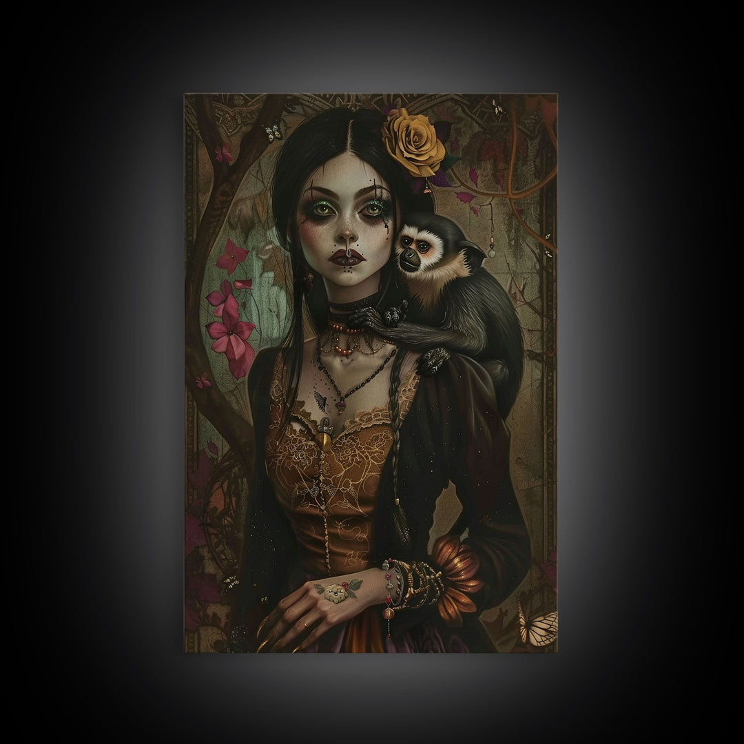 Spooky Halloween Witch Wall Art, Framed Canvas Prince, Halloween Decor, Halloween Gift Spooky Season, Cottage Core Witch and Monkey Familiar