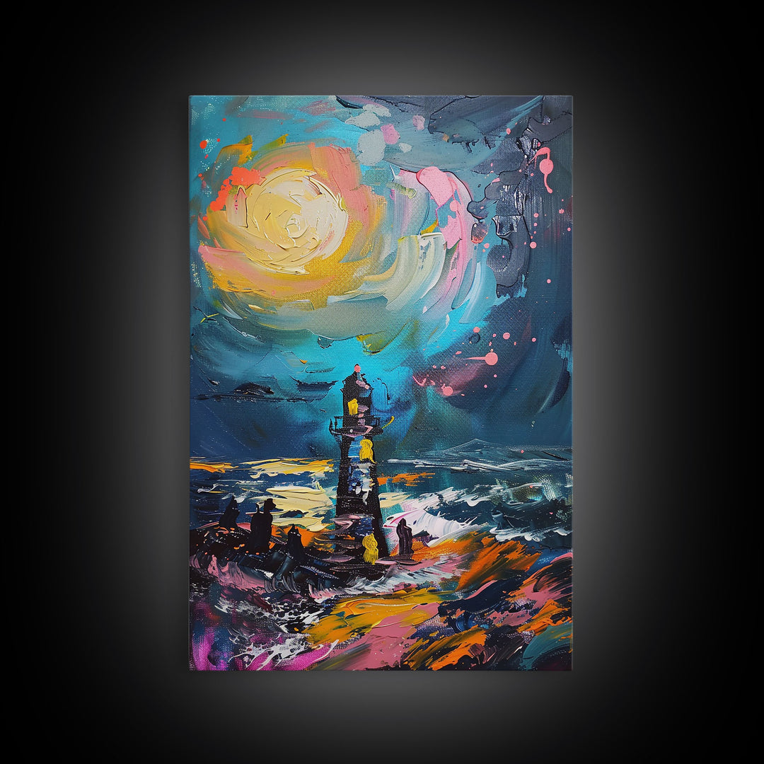 Moonlit Lighthouse Framed Canvas Print, Halloween Wall Art, Haunted Lighthouse Art, Spooky Night Decor Ocean Horror Art Halloween Home Decor