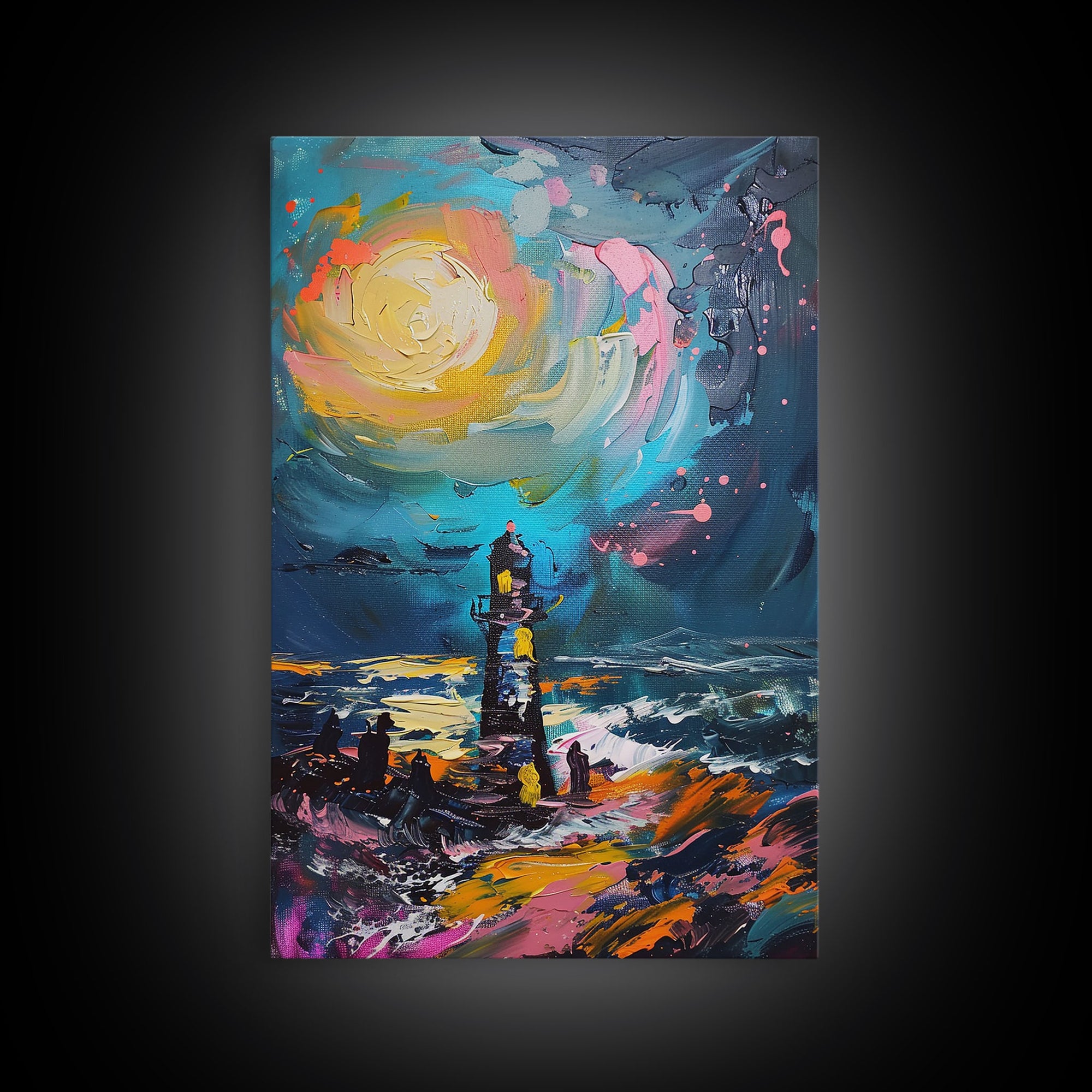 Moonlit Lighthouse Framed Canvas Print, Halloween Wall Art, Haunted Lighthouse Art, Spooky Night Decor Ocean Horror Art Halloween Home Decor