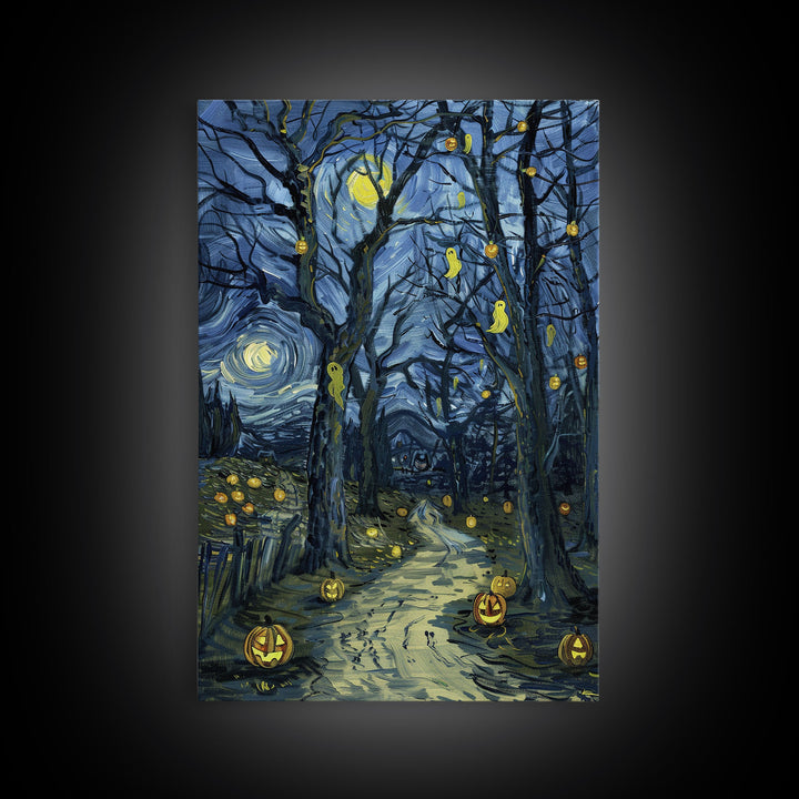 Dark Steamy Train at Night Framed Canvas Print, Halloween Wall Art, Spooky Train Station Decor, Haunted Transportation Artwork, Ghostly Art