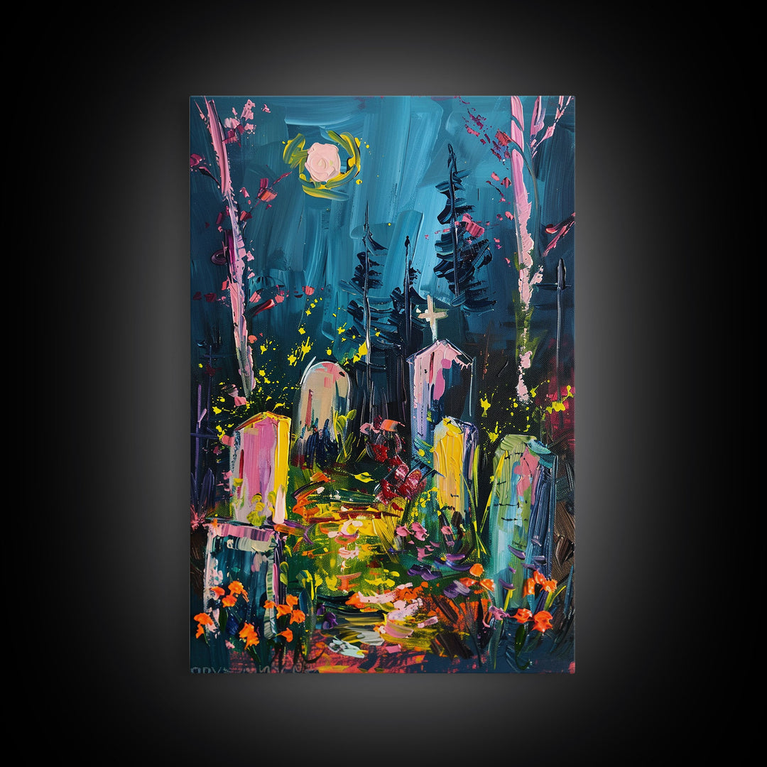 Colorful Cemetery Under Full Moon Framed Canvas Print, Wall Art, Vibrant Home Decor, Halloween Graveyard Painting Spooky Art Halloween Decor