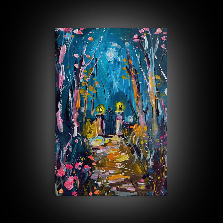 Mystical Cemetery with Glowing Flowers Framed Canvas Print, Wall Art, Halloween Graveyard Art, Enchanted Forest Decor, Spooky Artwork