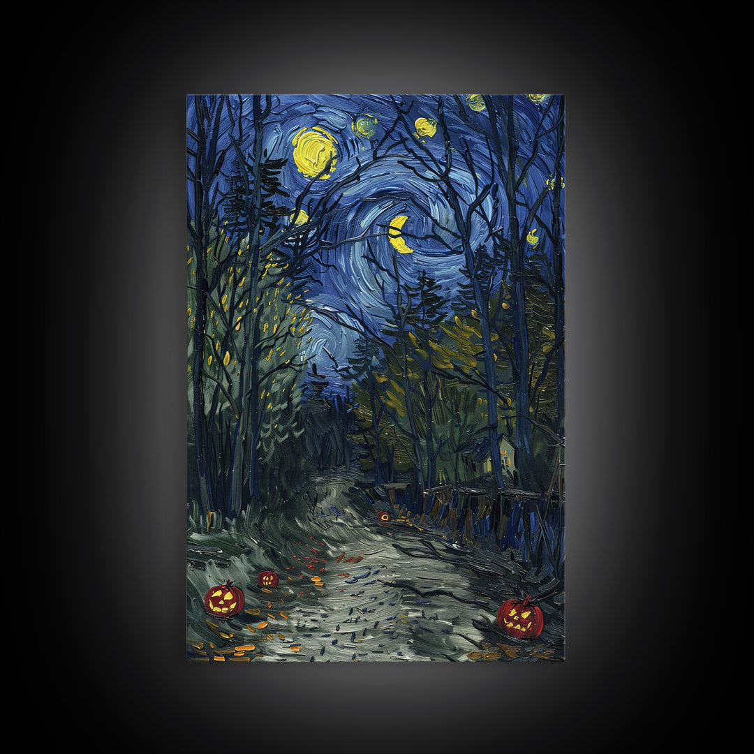 Dark Forest Path with Pumpkins Framed Canvas Print, Halloween Wall Art, Starry Night Inspired, Home Decor, Spooky Art, Living Room Decor