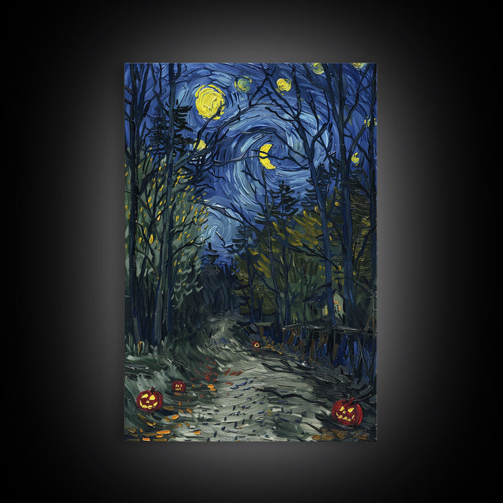 Dark Forest Path with Pumpkins Framed Canvas Print, Halloween Wall Art, Starry Night Inspired, Home Decor, Spooky Art, Living Room Decor