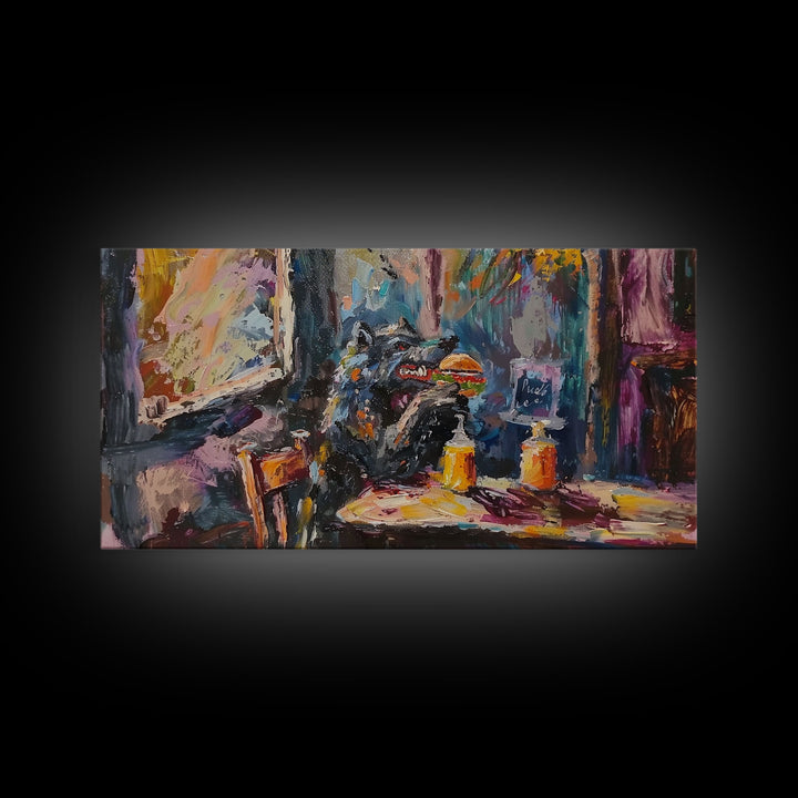 Funny Werewolf Having a Cheeseburger in a diner, framed canvas print, halloween decor