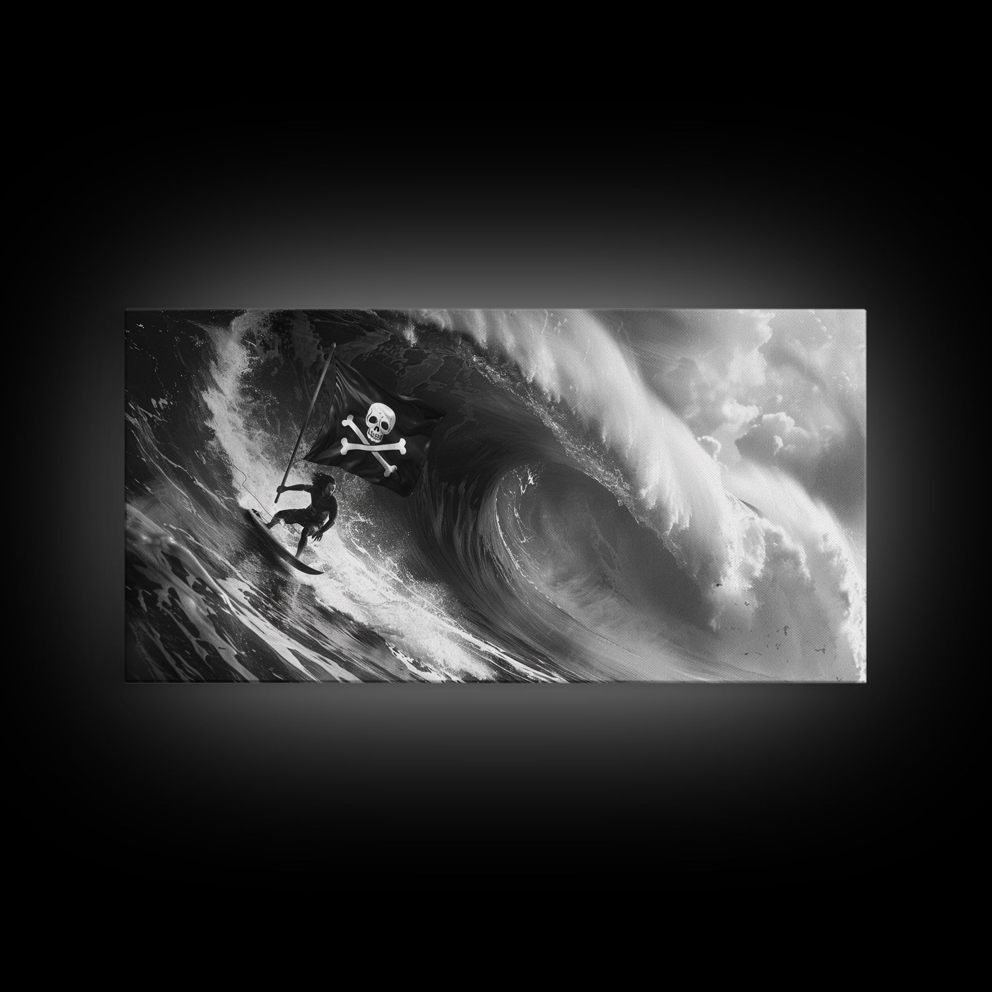 Pirate Surf - Framed Canvas Print - Black & White Photography Style Wall Art - Skull and Cross Bones Wall Art - Manly Decor - Mancave
