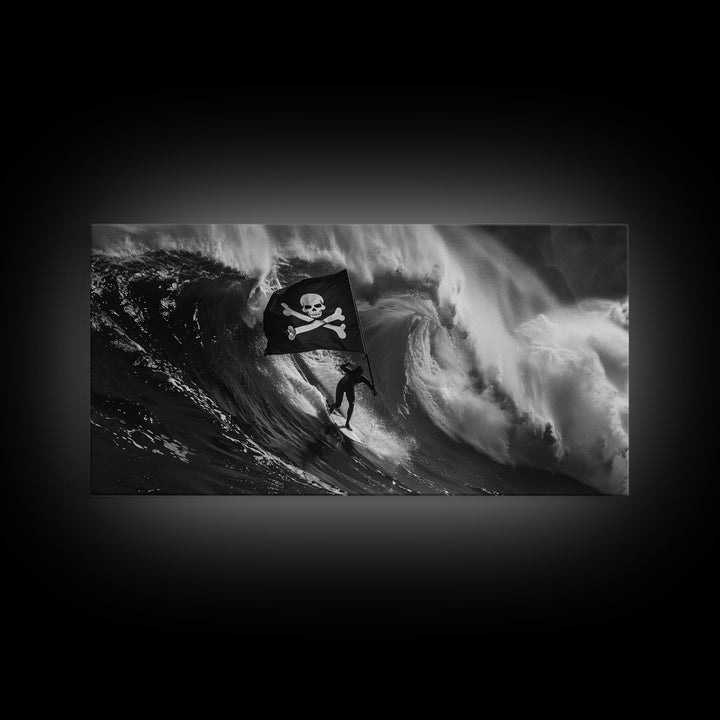 Surfer Waving A Skull and Crossbones Flag While Surfing - Framed Canvas Print - Cool Modern Art - Office / Mancave Decor Gift For Him