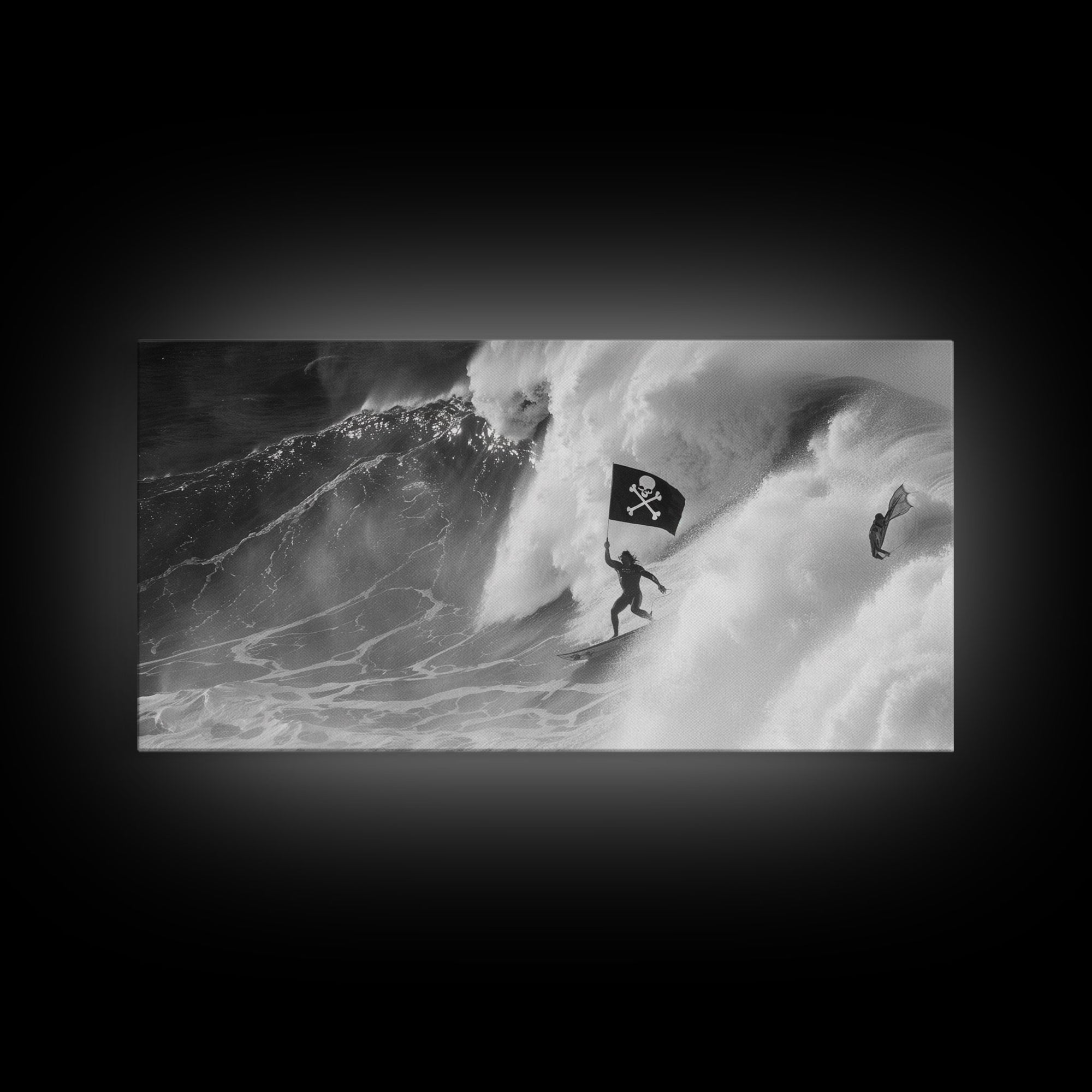 Surfer Waving A Skull and Crossbones Flag While Surfing - Framed Canvas Print - Cool Modern Art - Office / Mancave Decor Gift For Him