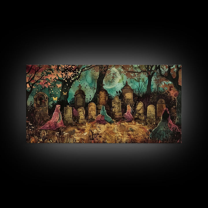 Spooktober Wall Art, Framed Canvas Print, Cottagecore Dark Academia Grave Yard Wall Art, Halloween Decor
