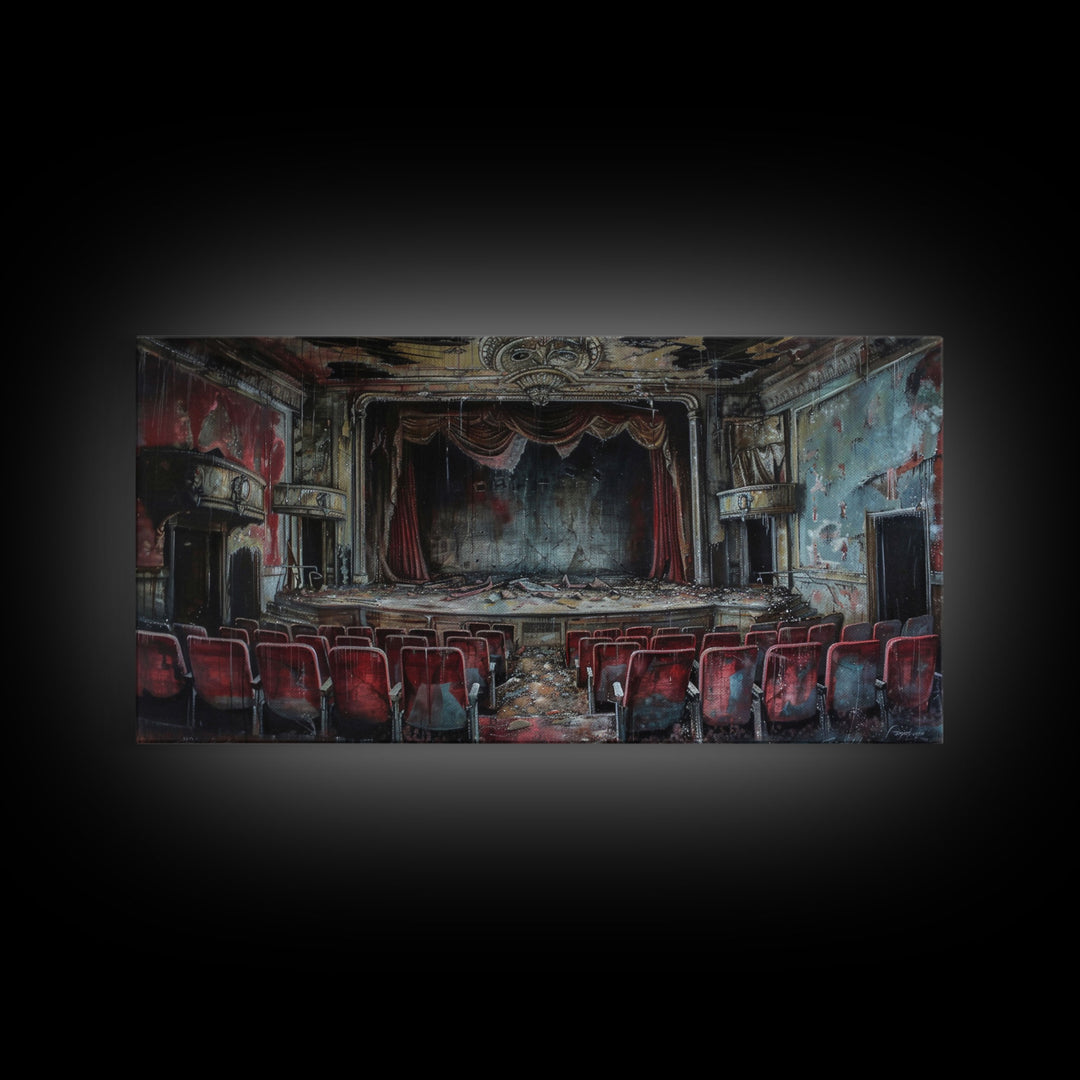 Creepy Abandoned Theater, Framed Canvas Print, Macabre Theatre, Dark Academia, Halloween Decor, Spooky Seasonal Wall Art