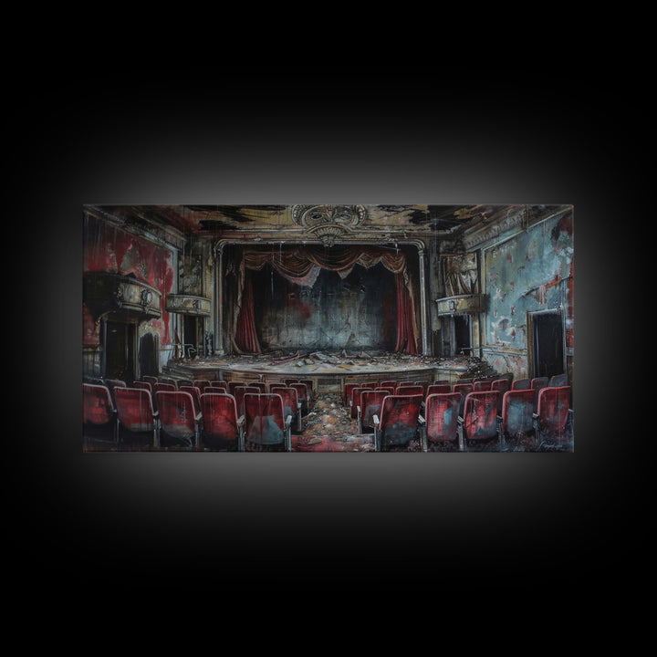 Creepy Abandoned Theater, Framed Canvas Print, Macabre Theatre, Dark Academia, Halloween Decor, Spooky Seasonal Wall Art