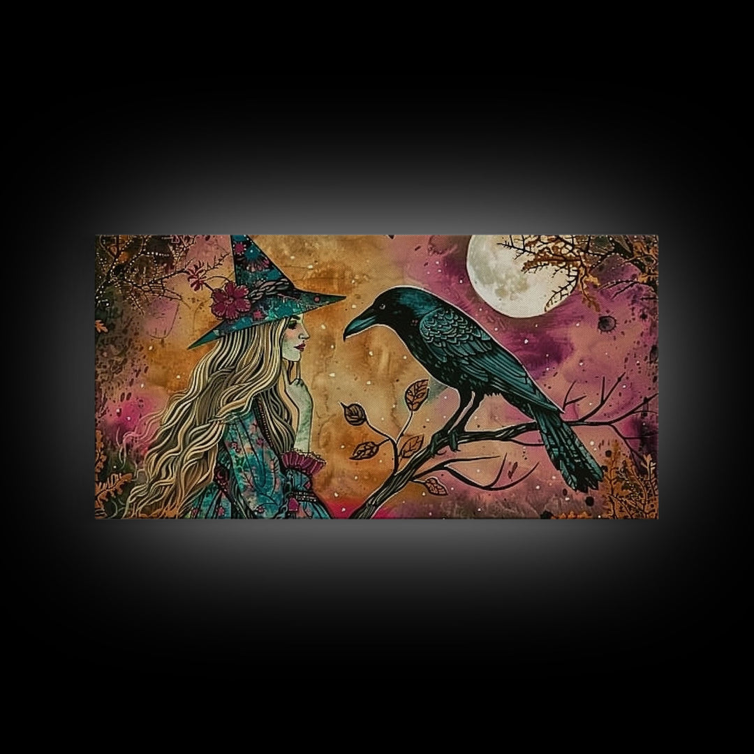 Cottagecore Witch & Raven, Springtime Witch, Halloween Art, Framed Canvas Print, Halloween Accessories, Halloween Decor