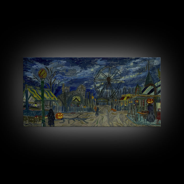 Spooky Haunted Carnival, Framed Canvas Print, Starry Night Inspired Spooky Season Wall Art, Halloween Prop